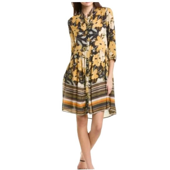 Blank London Dress Sz M Yellow Floral Womens Tunic Button Down Roll Tab Boho - Picture 1 of 14